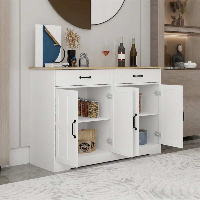 White Wood Grain Buffet Sideboard Cabinet with 2 Drawers 4 Doors