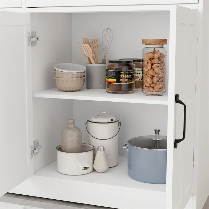 White Wood Grain Buffet Sideboard Cabinet with 2 Drawers 4 Doors