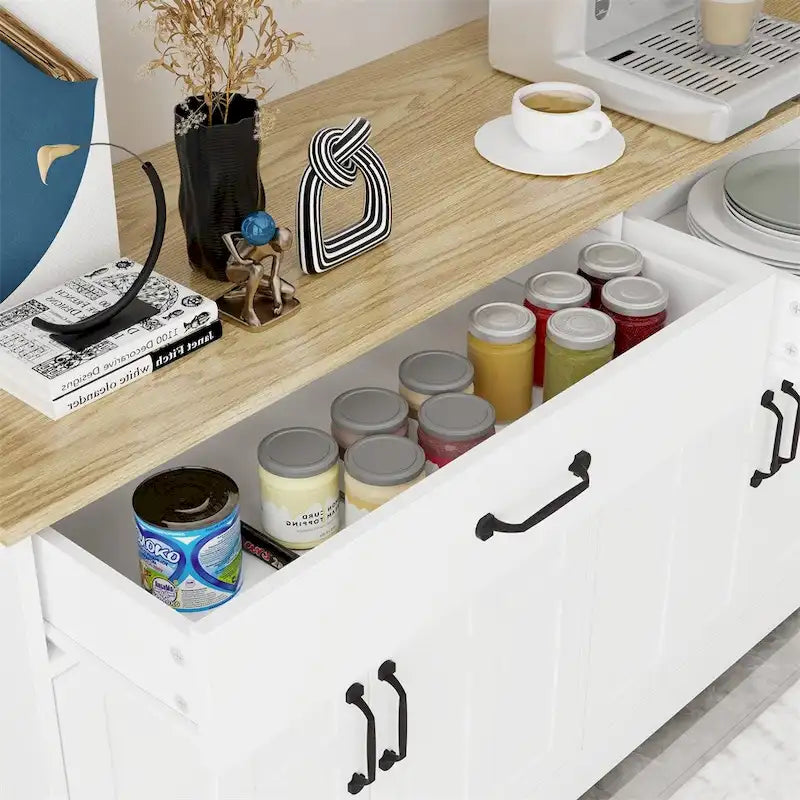White Wood Grain Buffet Sideboard Cabinet with 2 Drawers 4 Doors