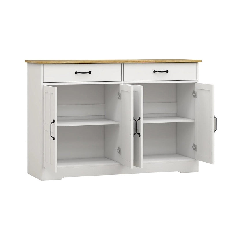 White Wood Grain Buffet Sideboard Cabinet with 2 Drawers 4 Doors