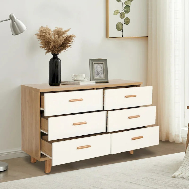 6-Drawer Dresser Chest Solid Wood Legs White Rosewood Storage Cabinet
