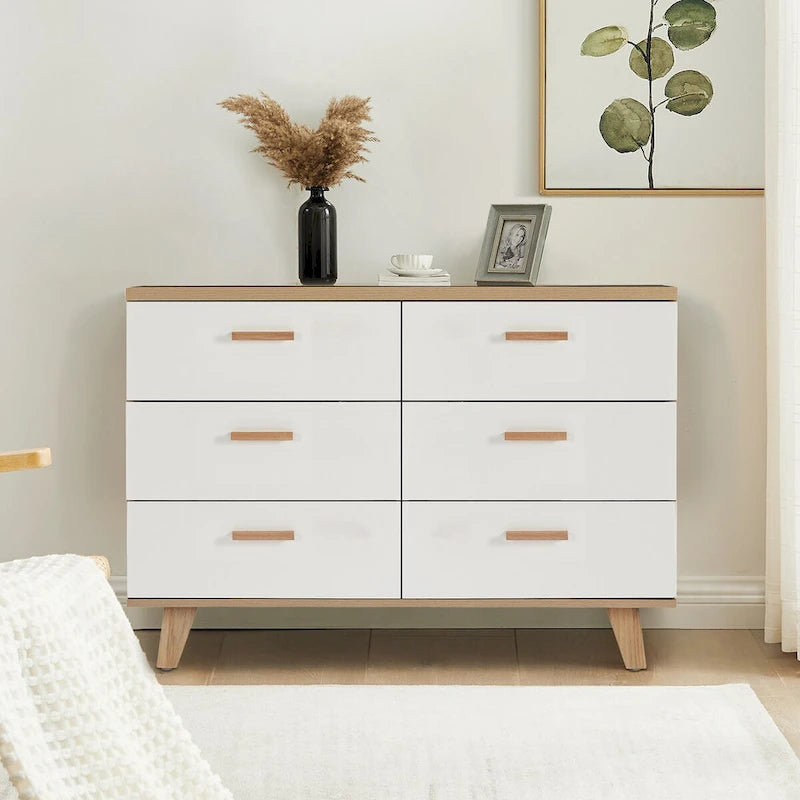 6-Drawer Dresser Chest Solid Wood Legs White Rosewood Storage Cabinet