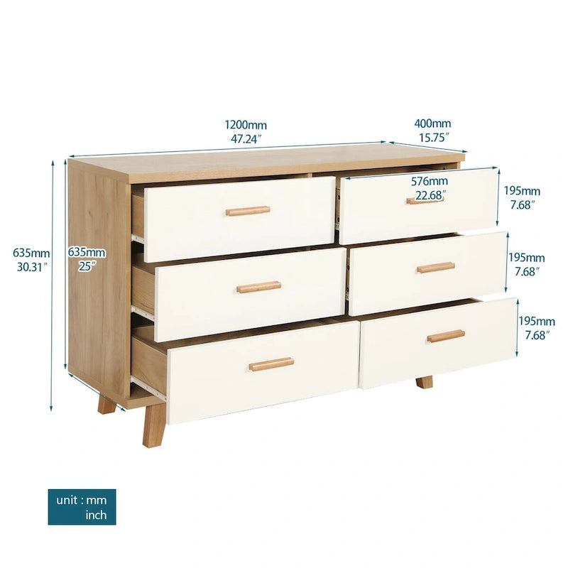 6-Drawer Dresser Chest Solid Wood Legs White Rosewood Storage Cabinet