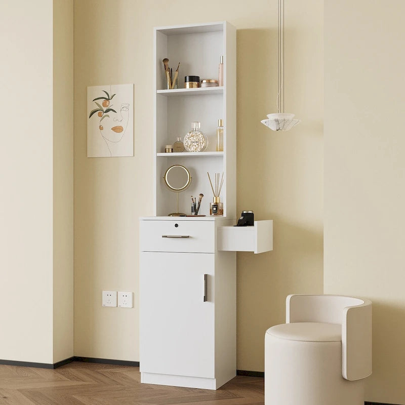Tall Freestanding Storage Cabinet with Open Shelves Drawer Door White Pink