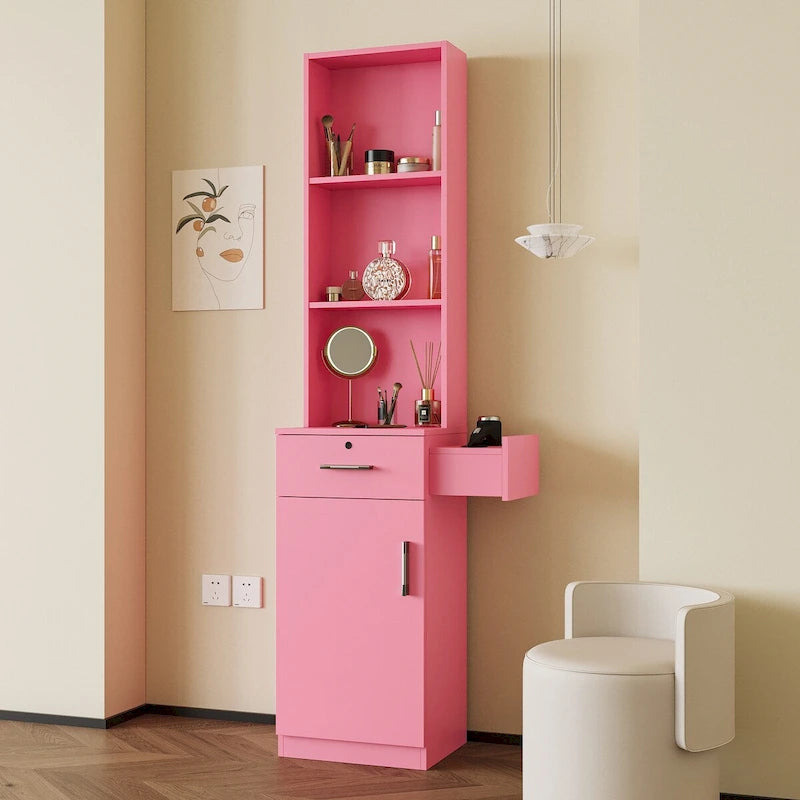 Grande Armoire de Rangement Autonome avec Étagères Ouvertes Tiroir Porte Blanc Rose