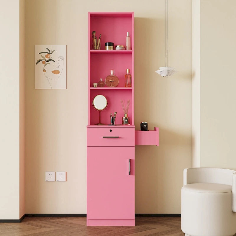 Tall Freestanding Storage Cabinet with Open Shelves Drawer Door White Pink