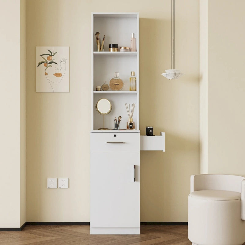 Tall Freestanding Storage Cabinet with Open Shelves Drawer Door White Pink
