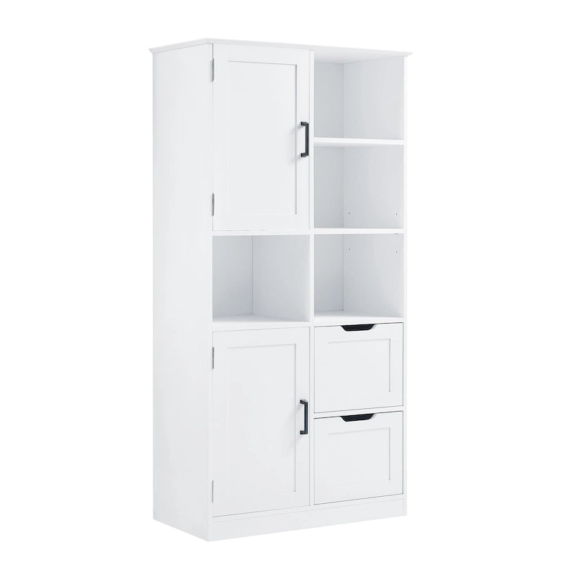 White Tall Storage Cabinet with 2 Doors 2 Drawers Open Shelves Black Handles
