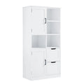 White Tall Storage Cabinet with 2 Doors 2 Drawers Open Shelves Black Handles