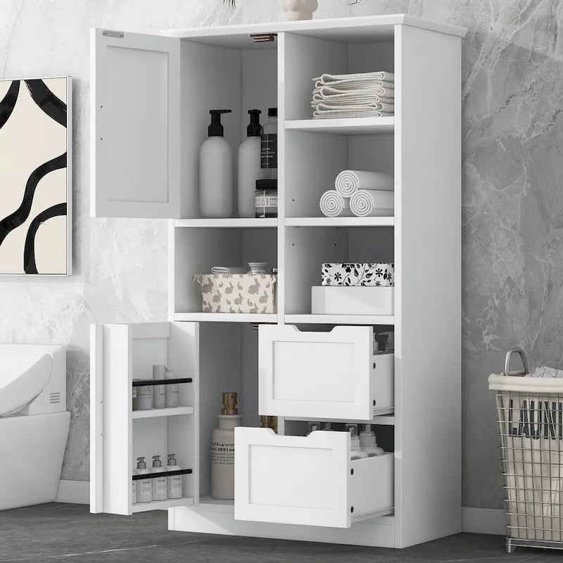 White Tall Storage Cabinet with 2 Doors 2 Drawers Open Shelves Black Handles