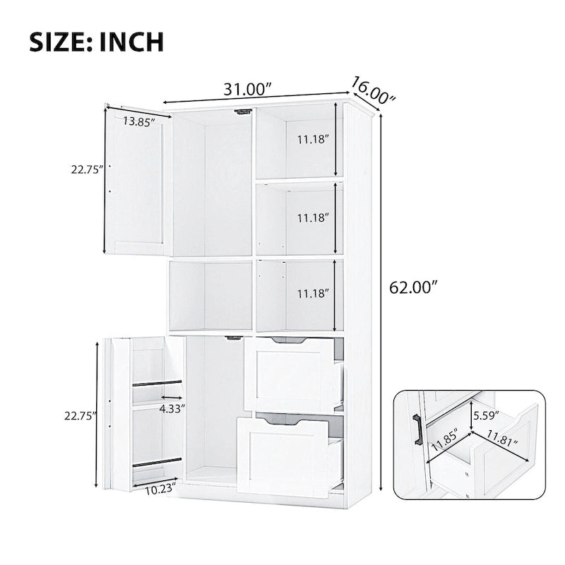 White Tall Storage Cabinet with 2 Doors 2 Drawers Open Shelves Black Handles