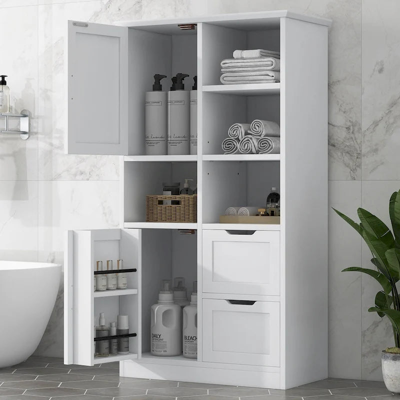 White Tall Storage Cabinet with 2 Doors 2 Drawers Open Shelves Black Handles