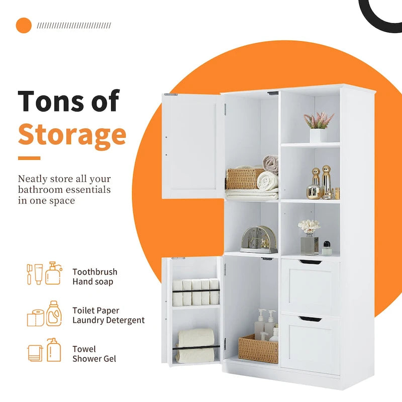 White Tall Storage Cabinet with 2 Doors 2 Drawers Open Shelves Black Handles