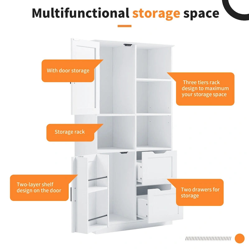 White Tall Storage Cabinet with 2 Doors 2 Drawers Open Shelves Black Handles