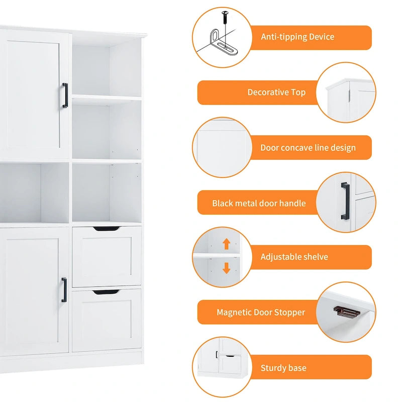 White Tall Storage Cabinet with 2 Doors 2 Drawers Open Shelves Black Handles