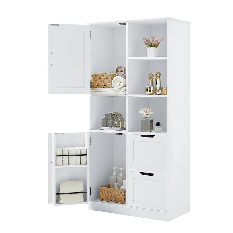 White Tall Storage Cabinet with 2 Doors 2 Drawers Open Shelves Black Handles