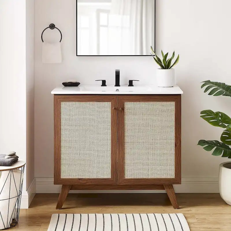 36 Inch Rattan Weave Bathroom Vanity Cabinet with Splayed Legs