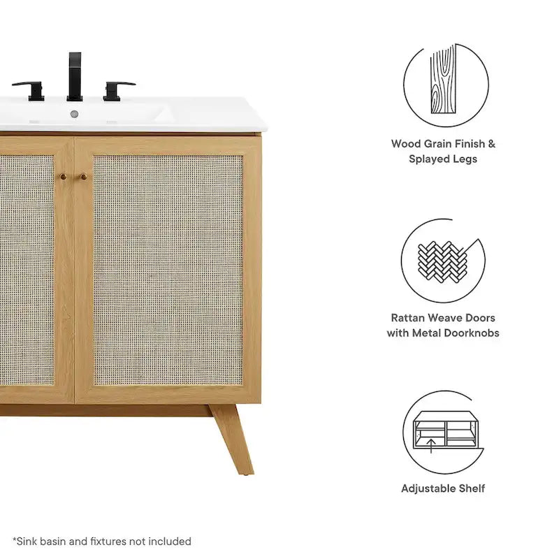 36 Inch Rattan Weave Bathroom Vanity Cabinet with Splayed Legs