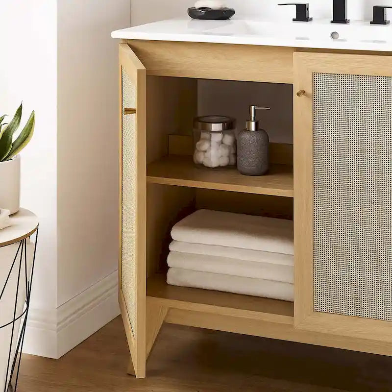 36 Inch Rattan Weave Bathroom Vanity Cabinet with Splayed Legs