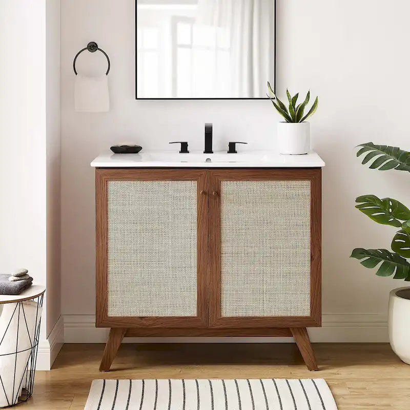 36 Inch Rattan Weave Bathroom Vanity Cabinet with Splayed Legs