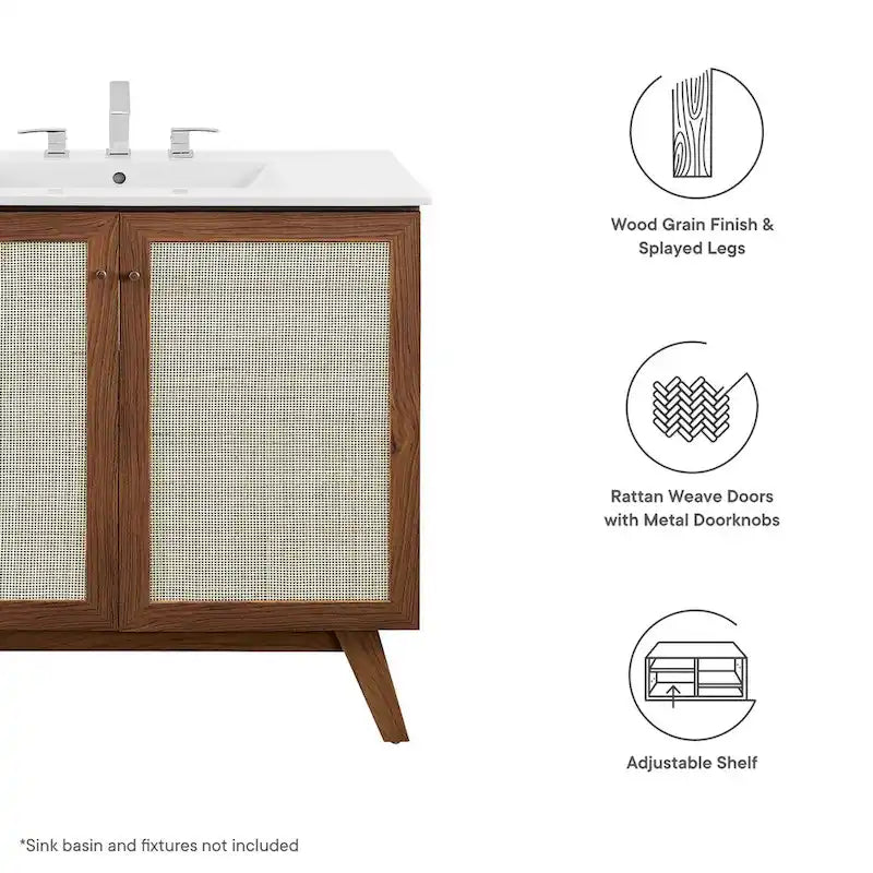36 Inch Rattan Weave Bathroom Vanity Cabinet with Splayed Legs
