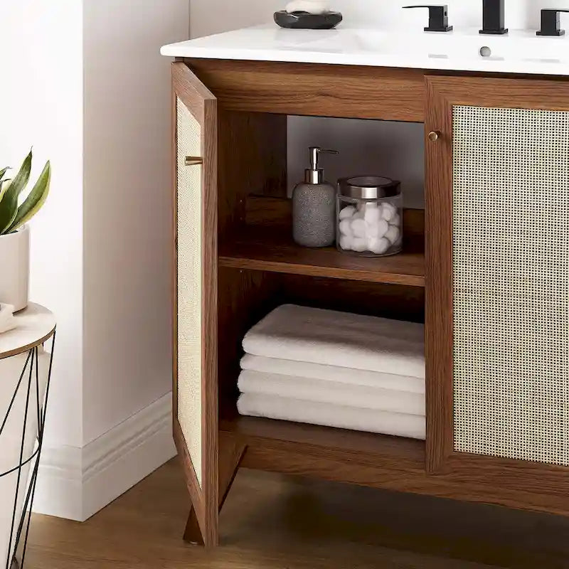 36 Inch Rattan Weave Bathroom Vanity Cabinet with Splayed Legs