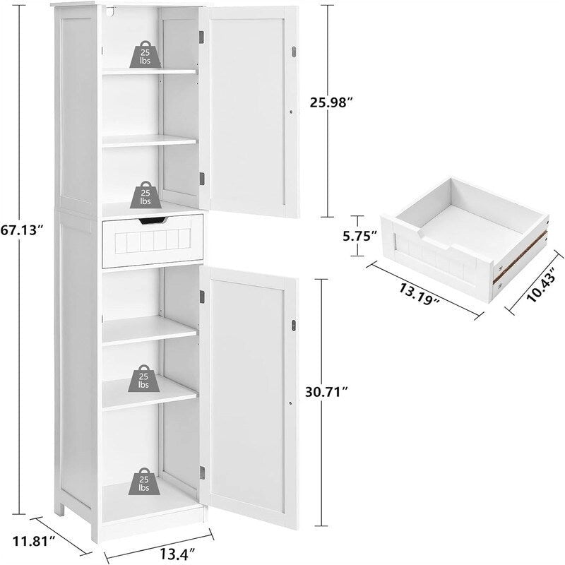 Tall Freestanding Storage Cabinet 2 Doors 1 Drawer Adjustable Shelves Brown