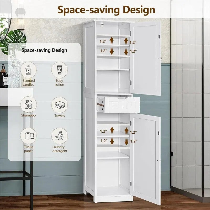 Tall Freestanding Storage Cabinet 2 Doors 1 Drawer Adjustable Shelves Brown