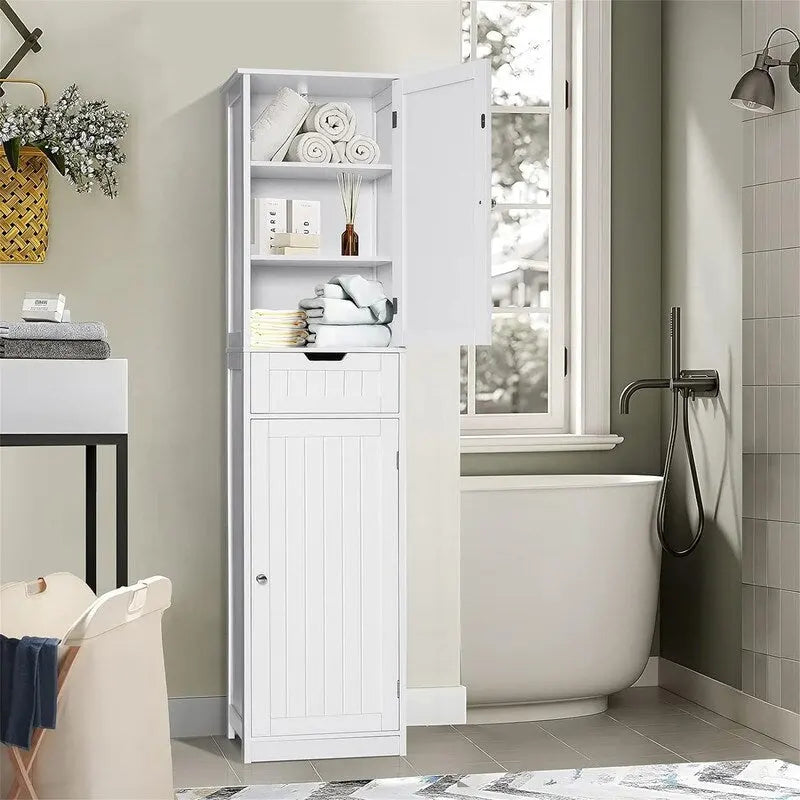 Tall Freestanding Storage Cabinet 2 Doors 1 Drawer Adjustable Shelves Brown