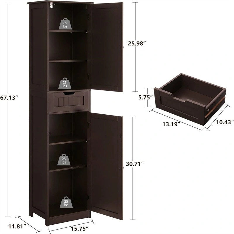 Tall Freestanding Storage Cabinet 2 Doors 1 Drawer Adjustable Shelves Brown