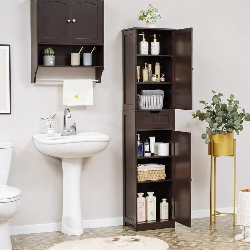 Tall Freestanding Storage Cabinet 2 Doors 1 Drawer Adjustable Shelves Brown