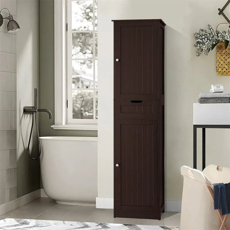 Tall Freestanding Storage Cabinet 2 Doors 1 Drawer Adjustable Shelves Brown