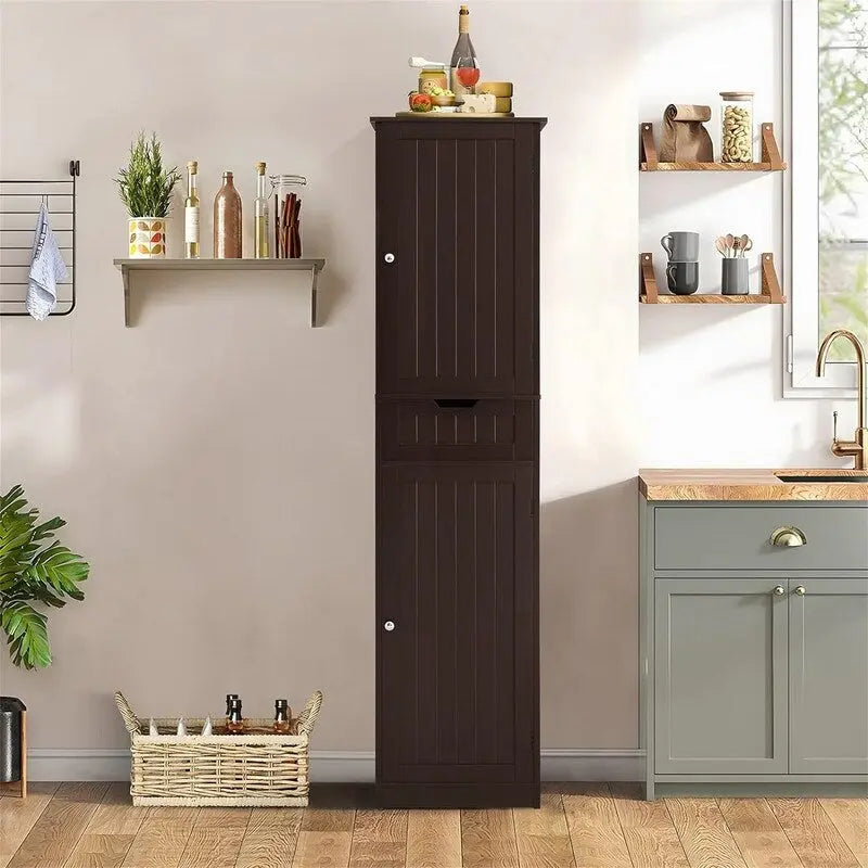 Tall Freestanding Storage Cabinet 2 Doors 1 Drawer Adjustable Shelves Brown