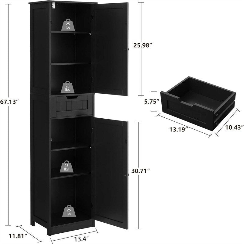 Tall Freestanding Storage Cabinet 2 Doors 1 Drawer Adjustable Shelves Brown