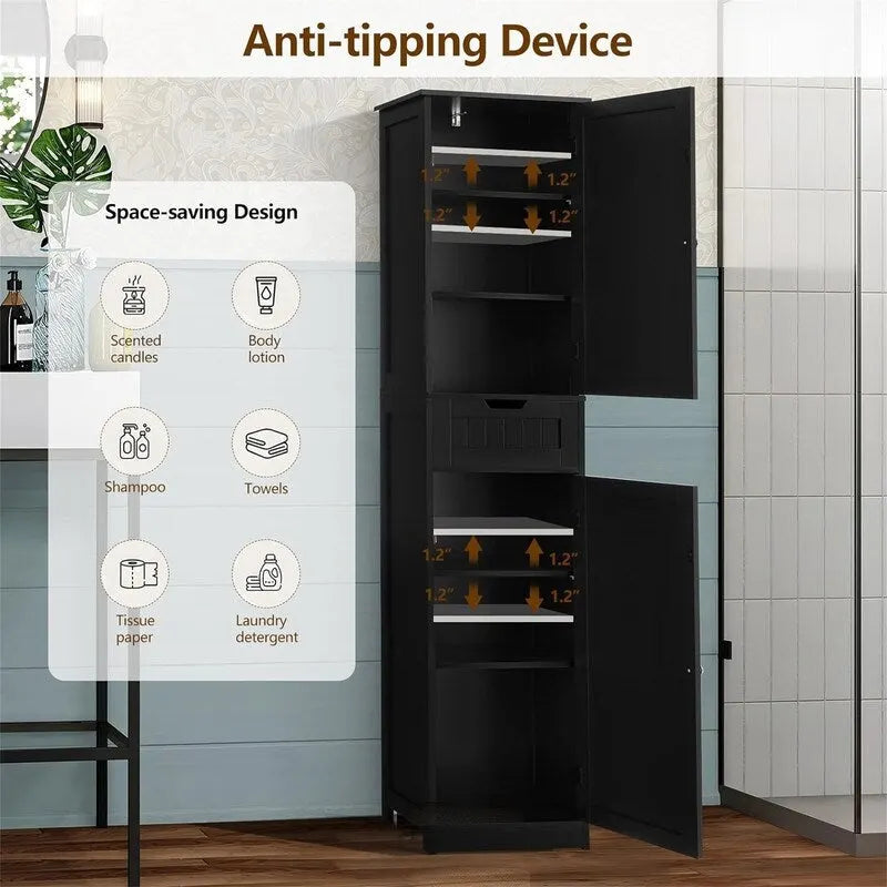 Tall Freestanding Storage Cabinet 2 Doors 1 Drawer Adjustable Shelves Brown