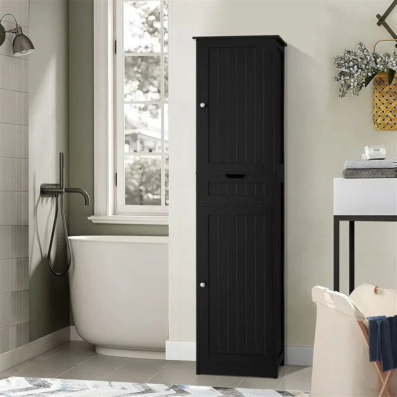 Tall Freestanding Storage Cabinet 2 Doors 1 Drawer Adjustable Shelves Brown