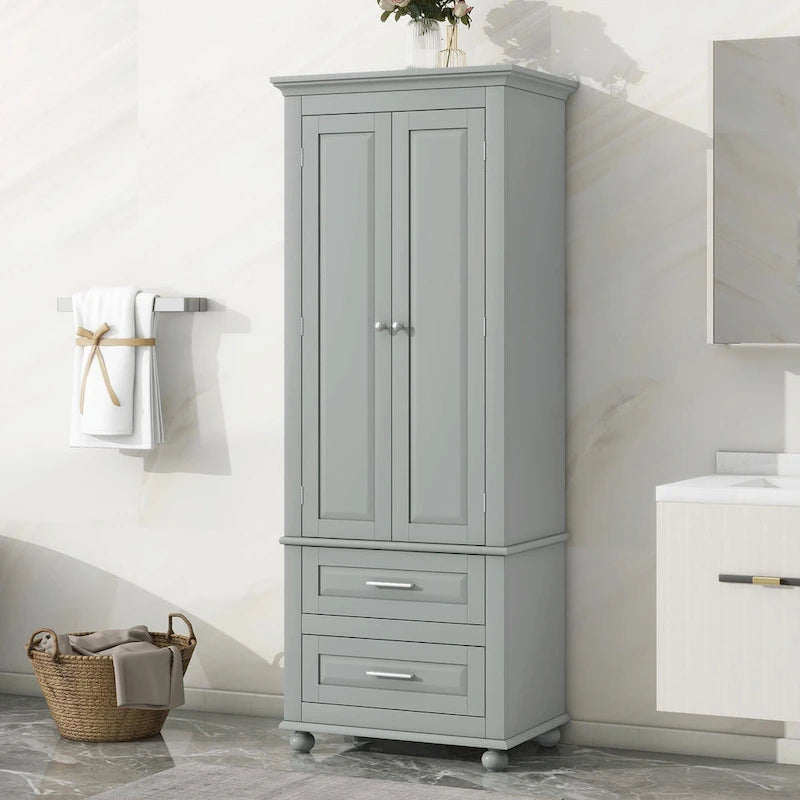 Modern White Grey MDF Tall Storage Cabinet with Drawers and Doors