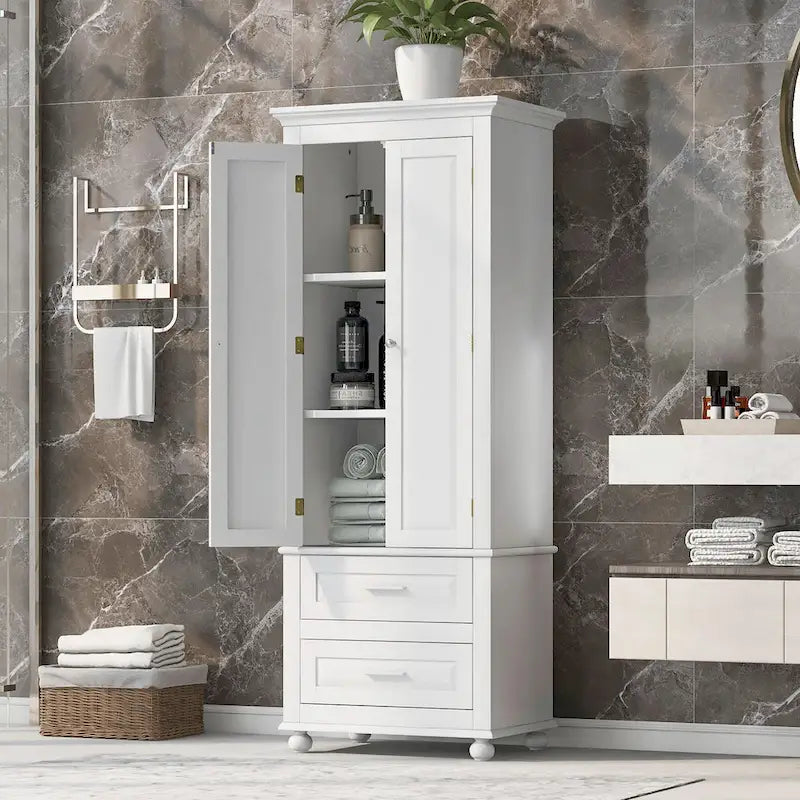 Modern White Grey MDF Tall Storage Cabinet with Drawers and Doors