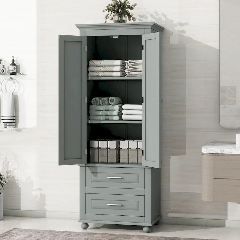 Modern White Grey MDF Tall Storage Cabinet with Drawers and Doors