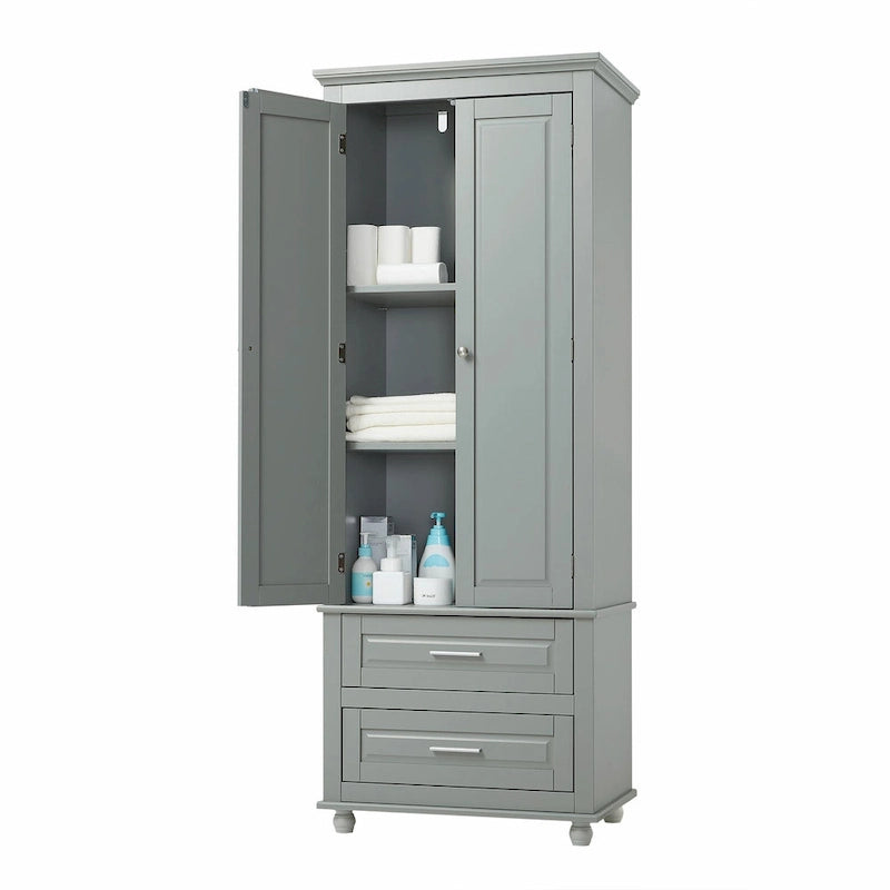 Modern White Grey MDF Tall Storage Cabinet with Drawers and Doors