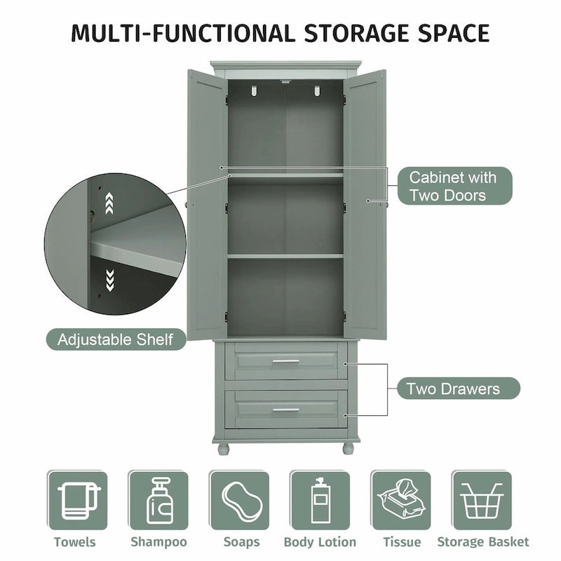Modern White Grey MDF Tall Storage Cabinet with Drawers and Doors