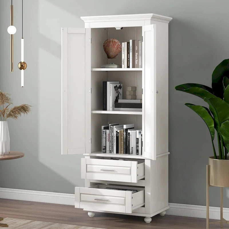 Modern White Grey MDF Tall Storage Cabinet with Drawers and Doors