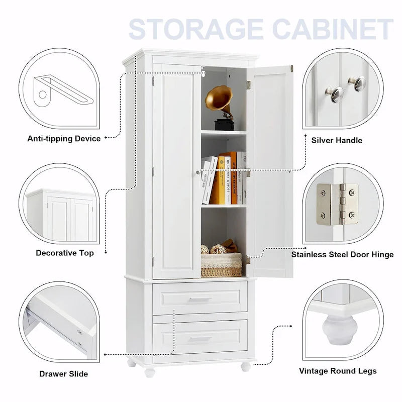 Modern White Grey MDF Tall Storage Cabinet with Drawers and Doors
