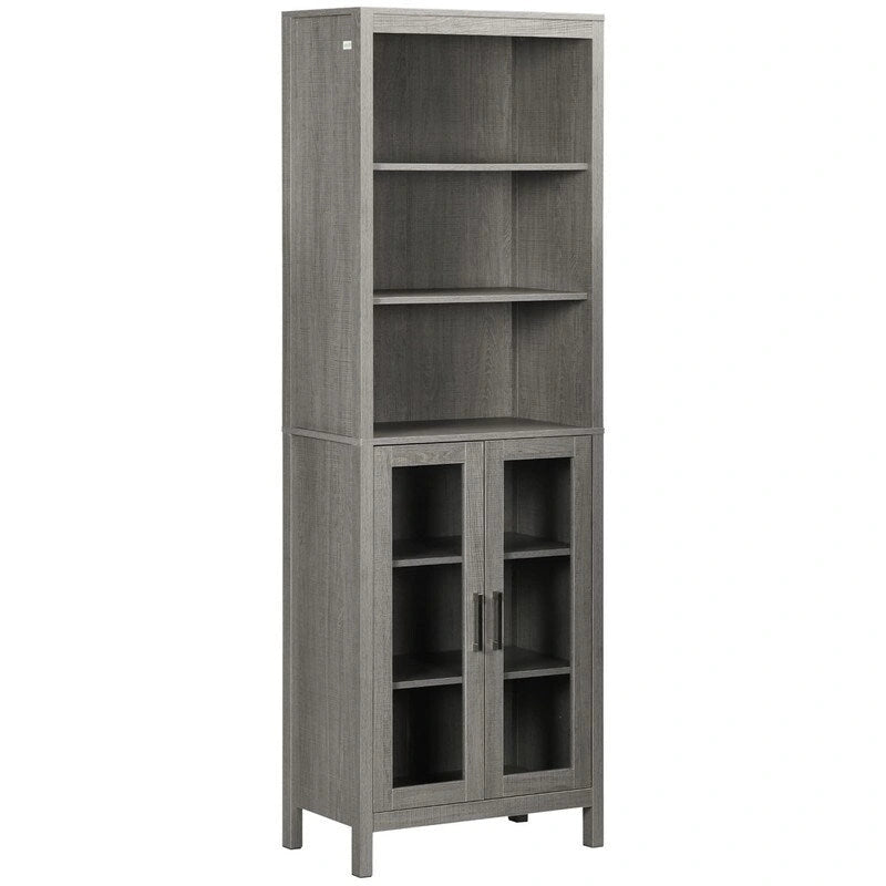 Freestanding Tall Bathroom Storage Cabinet with Open Shelves and Glass Doors