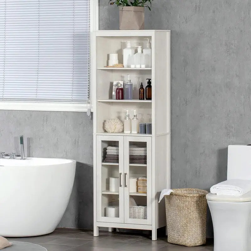 Freestanding Tall Bathroom Storage Cabinet with Open Shelves and Glass Doors