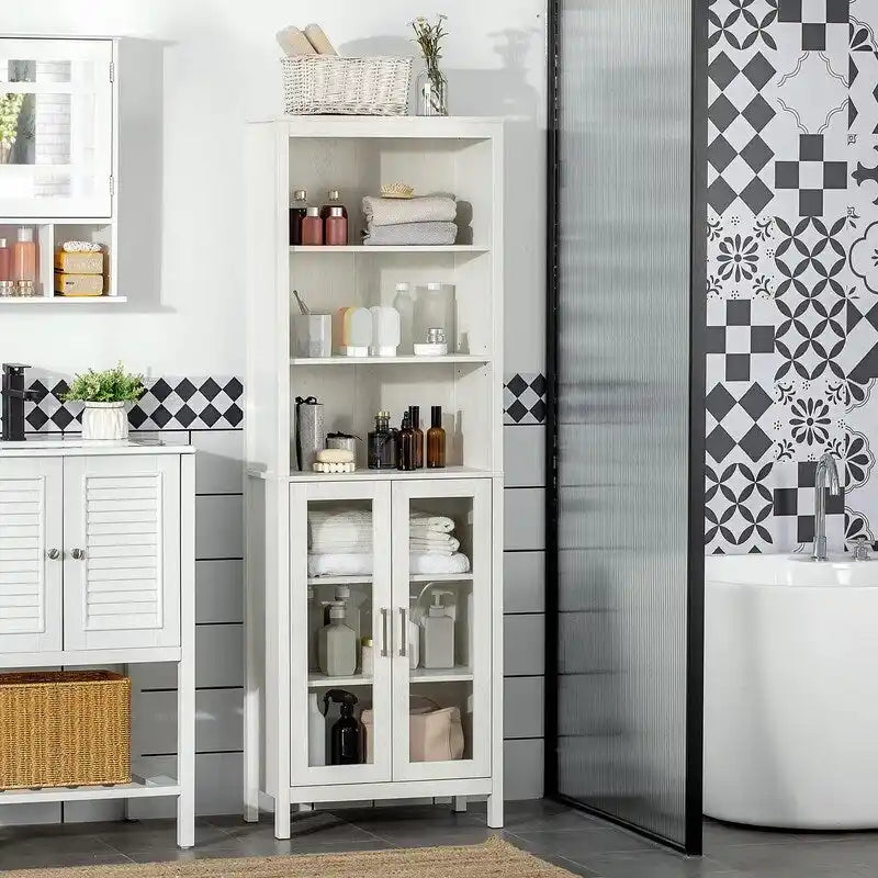 Freestanding Tall Bathroom Storage Cabinet with Open Shelves and Glass Doors