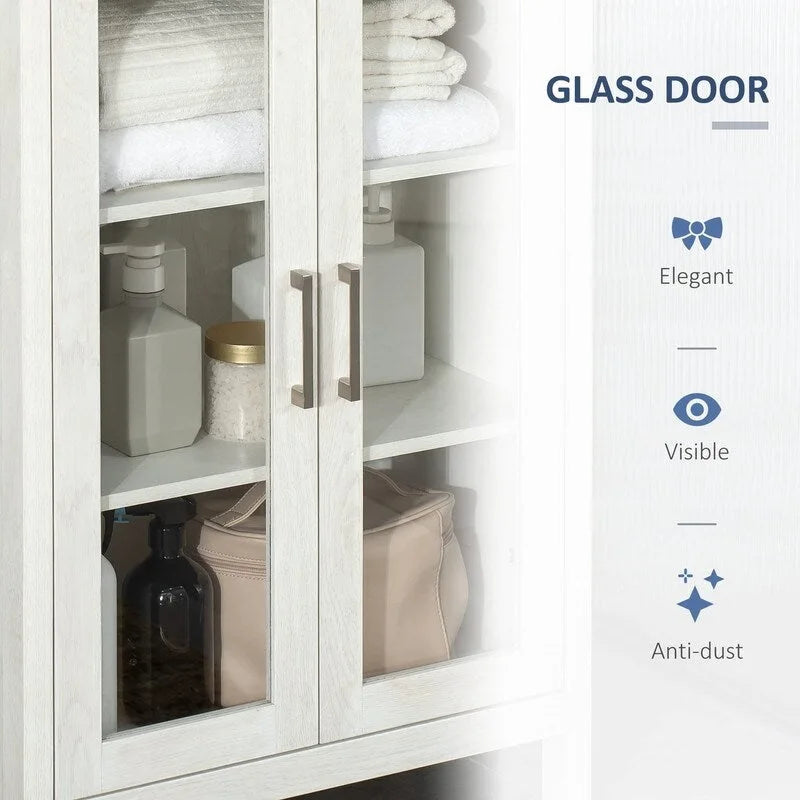 Freestanding Tall Bathroom Storage Cabinet with Open Shelves and Glass Doors