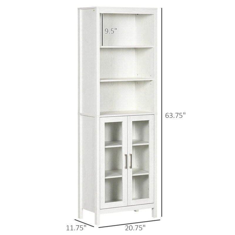 Freestanding Tall Bathroom Storage Cabinet with Open Shelves and Glass Doors
