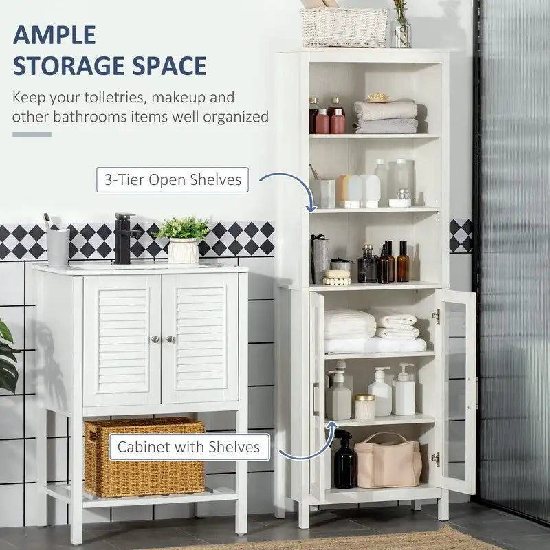 Freestanding Tall Bathroom Storage Cabinet with Open Shelves and Glass Doors