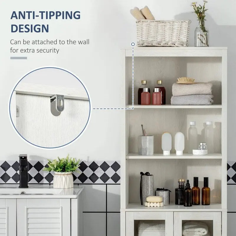 Freestanding Tall Bathroom Storage Cabinet with Open Shelves and Glass Doors